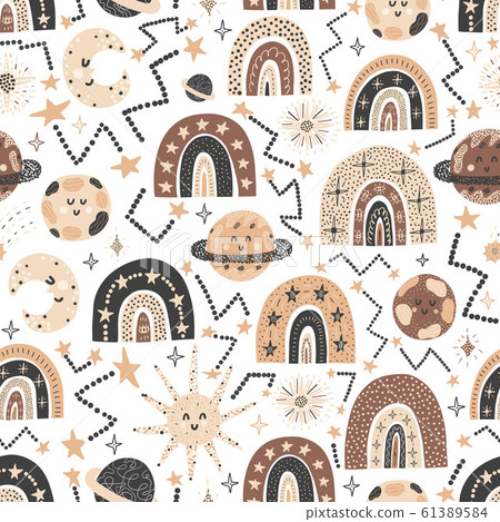 Cosmic seamless pattern with cute rainbows and planets. Fantasy space background Cosmic seamless pattern with cute rainbows and planets. Fantasy space background 61389584