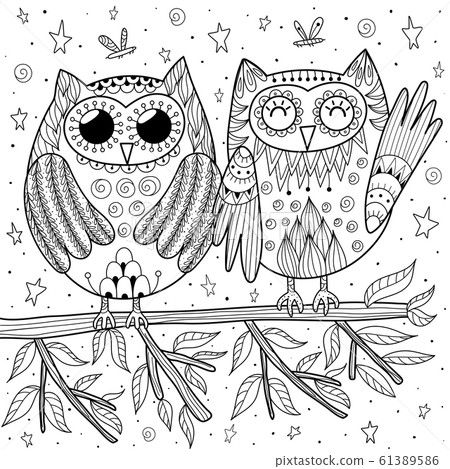 Couple of funny owls sitting on the branch coloring page Couple of funny owls sitting on the branch coloring page 61389586