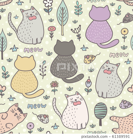 Funny cartoon cats seamless pattern. Childish background Funny cartoon cats seamless pattern. Childish background 61389591