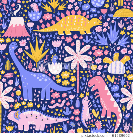 Colorful seamless pattern with cute dinosaurs, palms, and cactuses. Baby dinos in eggshell. Bright fabric background in childish style 61389602