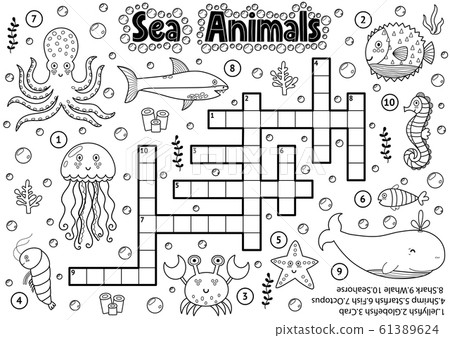 Black and white crossword with sea animals for coloring 61389624