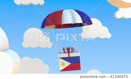 Box with national flag of the Philippines falls with a parachute. 3D rendering Box with national flag of the Philippines falls with a parachute. 3D rendering 61390973
