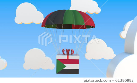 Carton with flag of Sudan falls with a parachute. 3D rendering 61390992