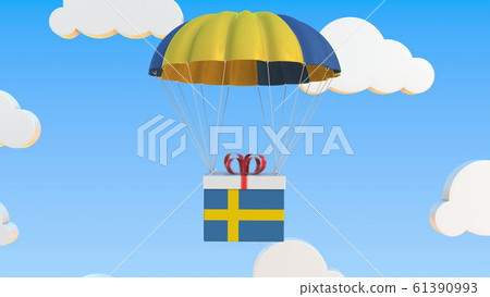 Carton with flag of Sweden falls with a parachute. 3D rendering 61390993
