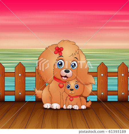 Nice cartoon mother dog with her puppy in seaport 61393189