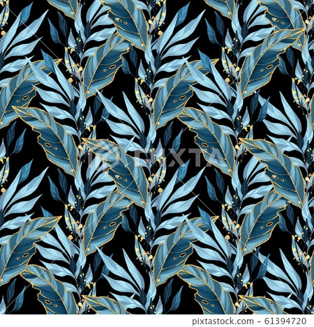 Seamless pattern with blue leaves 61394720