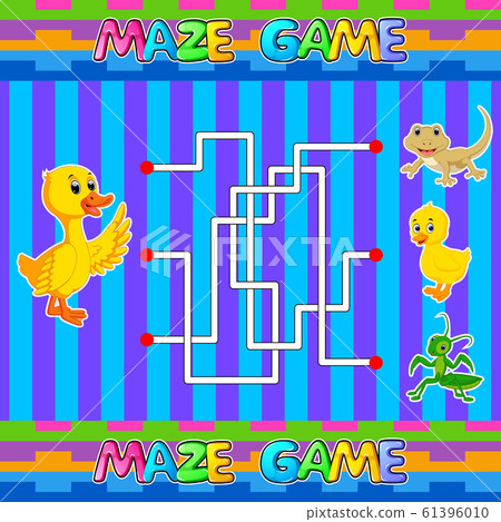 Help duck find the right path to baby duck. Labyrinth. Maze game for kids of illustration Help duck find the right path to baby duck. Labyrinth. Maze game for kids of illustration 61396010