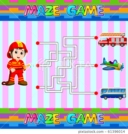 Help firefighter find the right path to fire truck. Labyrinth. Maze game for kids of illustration Help firefighter find the right path to fire truck. Labyrinth. Maze game for kids of illustration 61396014