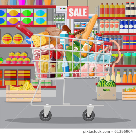 Supermarket store interior with goods. 61396904