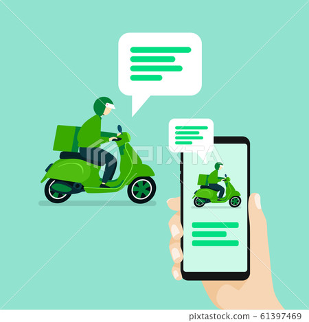 Hand holding smartphone with message notifications. User chat with the delivery man riding scooter. 61397469