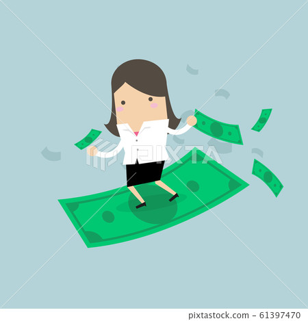 Businesswoman riding surfing flying money. Businesswoman riding surfing flying money. 61397470