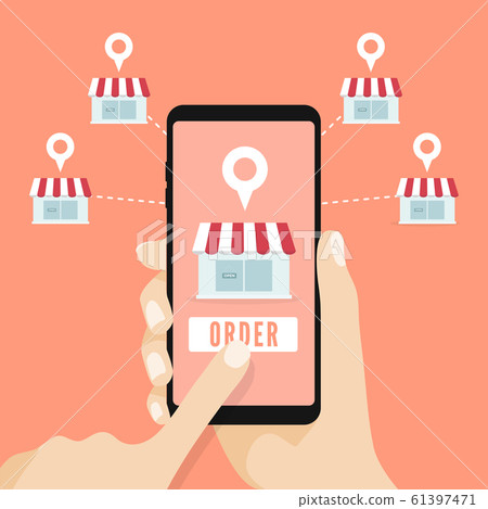 Hand holding smartphone with shop on the screen. Order food and drink concept. Hand holding smartphone with shop on the screen. Order food and drink concept. 61397471