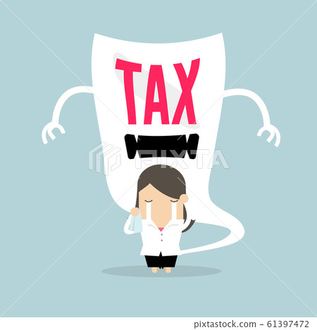 Businesswoman cry and terrifying tax devil. Businesswoman cry and terrifying tax devil. 61397472