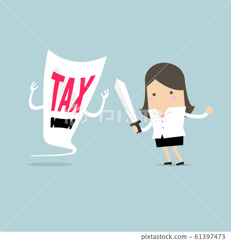 Businesswoman fight with a tax demon with a sword. 61397473