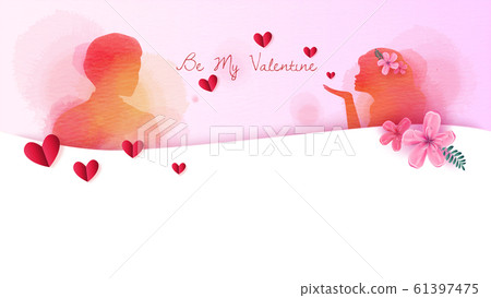 Happy couple blowing a kiss with red heart shapes Happy couple blowing a kiss with red heart shapes 61397475