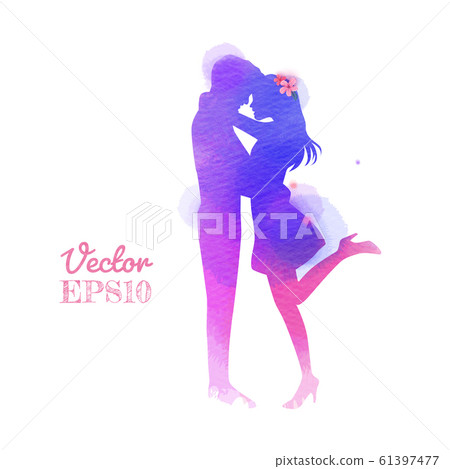 Romantic Valentine lovers silhouette on watercolor Romantic Valentine lovers silhouette on watercolor 61397477