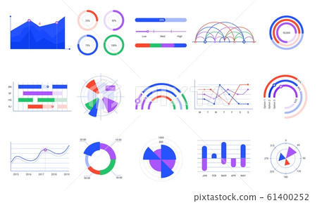 Graph charts. Colorful diagrams, statistics dashboard chart and infographic elements vector set. Stock market analytics, financial audit infochart isolated on white background. Sales rate monitoring 61400252