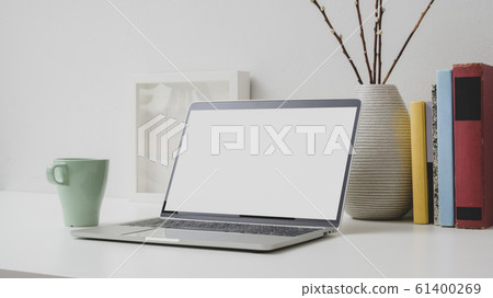 Close up view of workspace with blank screen Close up view of workspace with blank screen 61400269