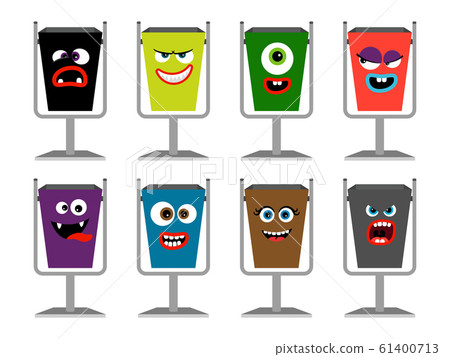 Garbage cans with faces vector illustration. Waste dustbin set with emotions and expressions 61400713
