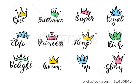 Crown hand drawn lettering. Queen crown icons, calligraphy tiara and colorful diadem vector illustration set. Symbols of royal power pack. Beautiful diadem and luxurious decals collection Crown hand drawn lettering. Queen crown icons, calligraphy tiara and colorful diadem vector illustration set. Symbols of royal power pack. Beautiful diadem and luxurious decals collection 61400946