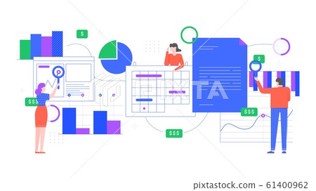 Financial analytics. People analyze financial charts, income graph analysis and office workers work together. Teamwork concept flat vector illustration. Employees cooperation and research 61400962