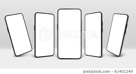 Realistic smartphone mockup. Mobile phone display, device screen frame and black smartphones vector 3D template illustration set. Connection mean, gadget new model presentation 61401249
