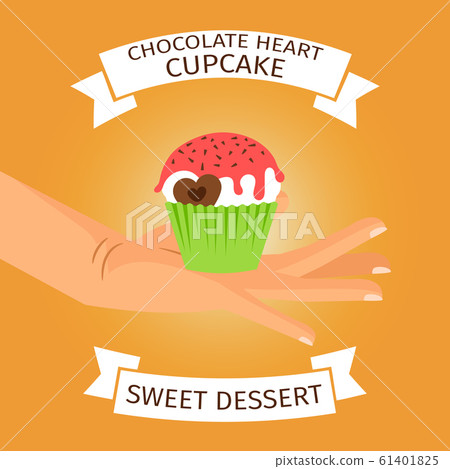Hand holding cupcake with chocolate heart, Hand holding cupcake with chocolate heart, 61401825