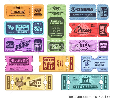 Retro tickets. Circus, cinema and theatre admit one ticket. Vintage admission coupon, concert and movie night tickets vector set. Museum, philharmonic pass. Colorful entertainment vouchers 61402138