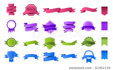 Color ribbon banners. Colorful tag banner, blank ribbons label and curved flag badge frame flat vector set. Empty multicolored stamps and streamers. Collection of bright banderole and pennants 61402139