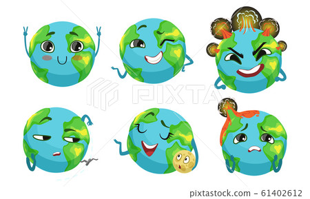 Cute Earth Globe Cartoon Character Collection, Funny Planet in Different Situations and Various Emotions Vector Illustration 61402612