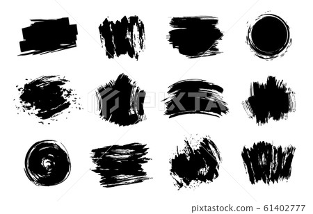 Graphic texture elements. Grunge stroke, artistic texture brush strokes, dirty line design element vector isolated set. Different black swatches on white background. Messy blots and spots Graphic texture elements. Grunge stroke, artistic texture brush strokes, dirty line design element vector isolated set. Different black swatches on white background. Messy blots and spots 61402777