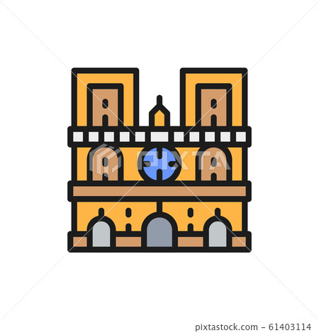 Notre Dame Cathedral, landmark of Paris, France flat color line icon. Notre Dame Cathedral, landmark of Paris, France flat color line icon. 61403114
