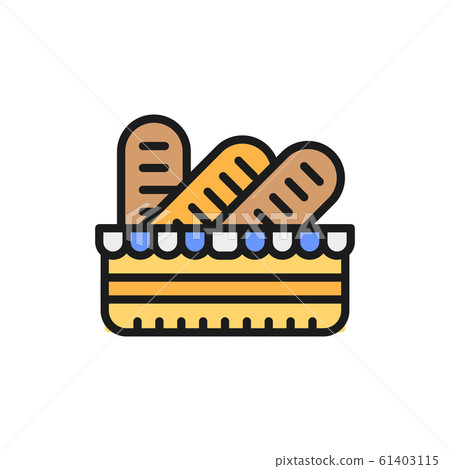 Baguettes in a basket, french bread flat color line icon. Baguettes in a basket, french bread flat color line icon. 61403115
