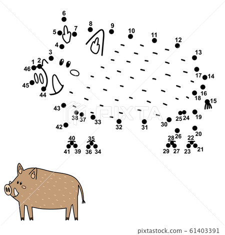 Dot to dot game for kids. Connect the numbers and draw a cute boar Dot to dot game for kids. Connect the numbers and draw a cute boar 61403391