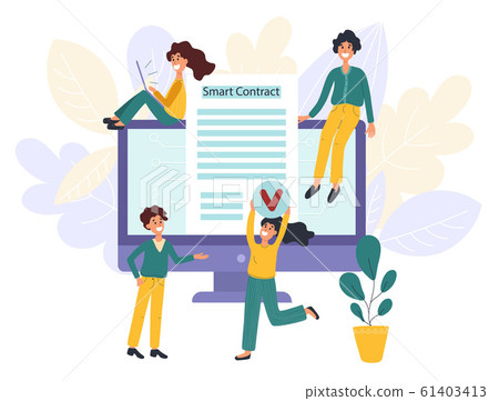 Blockchain smart contract concept with characters. Digital innovation people Blockchain smart contract concept with characters. Digital innovation people 61403413