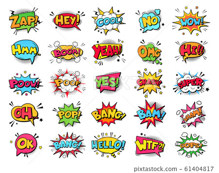 Comic book bubbles. Cartoon explosions funny comical speech clouds, comics words, thinking bubbles and graphic conversation text elements vector illustration set. Comics dialogue balloons 61404817