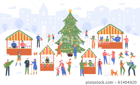 Christmas market. Holiday fair, cartoon people walking on decorated outdoor stalls and buying wine, food and Christmas souvenirs vector colorful illustration. New year marketplace, winter decoration Christmas market. Holiday fair, cartoon people walking on decorated outdoor stalls and buying wine, food and Christmas souvenirs vector colorful illustration. New year marketplace, winter decoration 61404920
