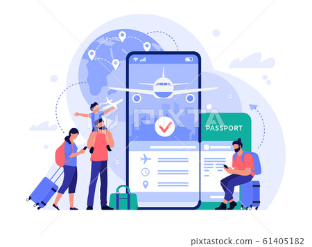 Air travel ticket buying app. People buying tickets online, phone booking service for tourism and vacation, travel concept vector illustration. Flight search tool. Tourists making reservation 61405182