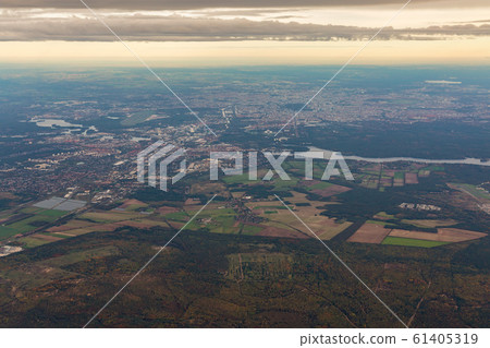 Aerial view over Havel river and Berlin suburb in 61405319