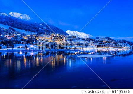 View of beautiful night lights of St. Moritz town in Switzerland in winter View of beautiful night lights of St. Moritz town in Switzerland in winter 61405556