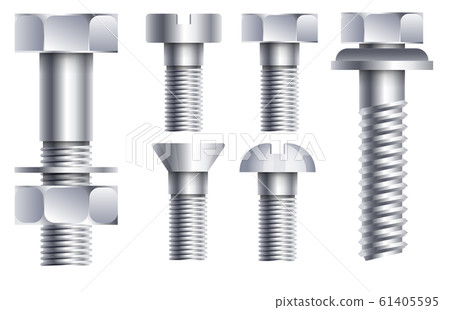 Hex head bolt and nut hardware parts in chrome side view Hex head bolt and nut hardware parts in chrome side view 61405595