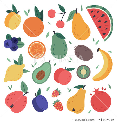 Hand drawn fruits. Doodle harvest, citrus, avocado and apple, natural vegan sweet summer fruits. Tropical organic fruit, delicious kitchen food vector illustration set 61406056