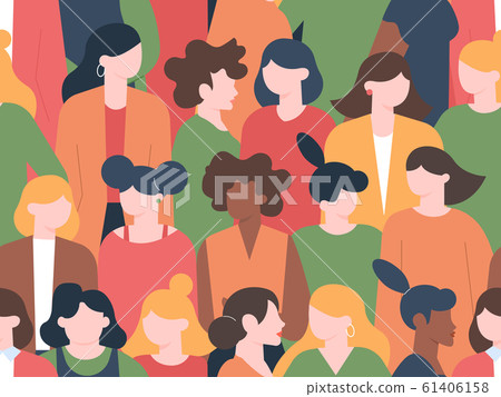 Women crowd seamless pattern. Womens characters group portraits, female community with various hairstyles. Multicultural women portrait diversity vector illustration 61406158
