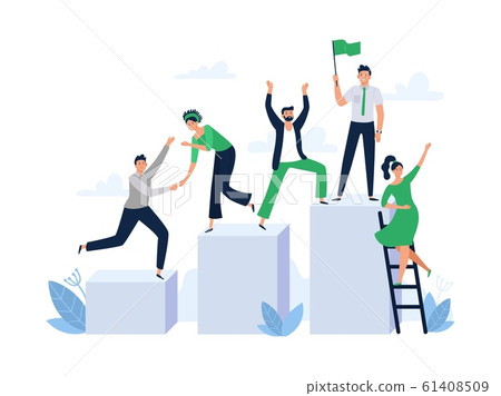 Career ladder with team people. Office worker hold flag, group leader and team building flat vector illustration Career ladder with team people. Office worker hold flag, group leader and team building flat vector illustration 61408509
