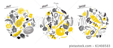 Set of food frames: seafood, vegetables and fruits Set of food frames: seafood, vegetables and fruits 61408583