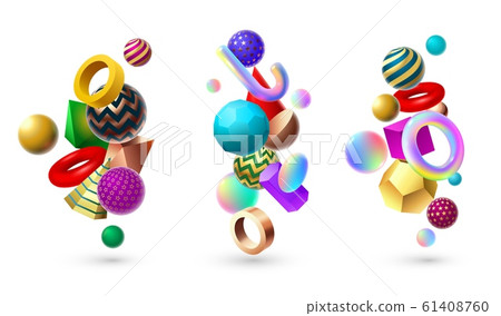 Abstract 3D shape composition. Memphis geometric basic shapes, cube and spheres geometry vector illustration set 61408760