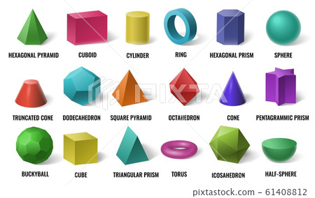 Realistic 3D color basic shapes. Solid colored geometric forms, cylinder and colorful cube shape vector illustration set Realistic 3D color basic shapes. Solid colored geometric forms, cylinder and colorful cube shape vector illustration set 61408812