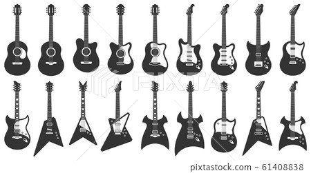 Black and white guitars. Acoustic strings music instruments, electric rock guitar silhouette and stencil guitars icons vector set 61408838