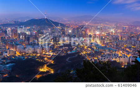 Seoul City at night Skyline and N Seoul Tower in 61409046