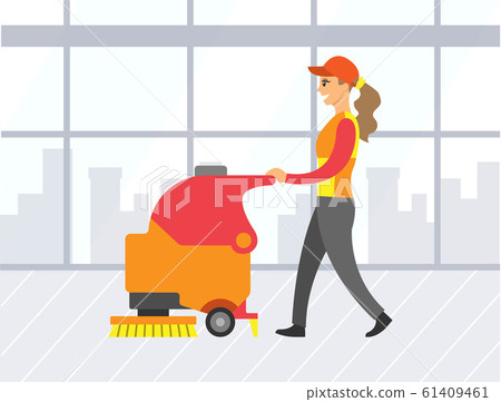 Woman Cleaning Store Floor with Machine Vector Woman Cleaning Store Floor with Machine Vector 61409461